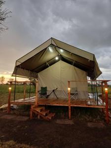 ein Zelt mit einer Bank und einem Stuhl auf einem Feld in der Unterkunft Green Garden Serengeti Luxury Tented Camp in Banagi