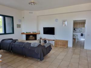 sala de estar con sofá y TV de pantalla plana en Accogliente villa con piscina en Caltagirone