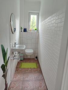 a white bathroom with a sink and a toilet at Sigi Apartment in Barnbach
