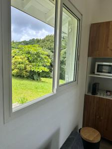 ein Fenster mit Blick auf ein grünes Feld in der Unterkunft GÎTE de GUADELOUPE in Petit-Bourg