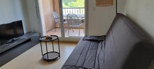 a couch in a living room with a television at Les naïades C7, jusqu'à 6 personnes in Avène
