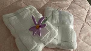 deux serviettes avec une fleur violette sur un lit dans l'établissement Maggie ‘s home, à Castellana Grotte