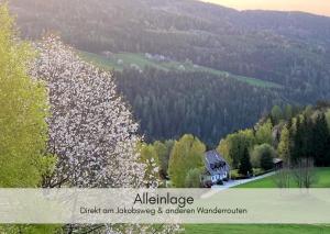 widok z góry na dom i kwitnące drzewo w obiekcie Dein HimmelReich - Ruheoase im Almenland auf 1000m über'm Alltag 