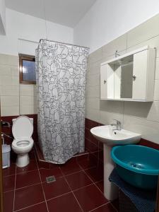 a bathroom with a toilet and a shower curtain at Dea Apartament in Ksamil