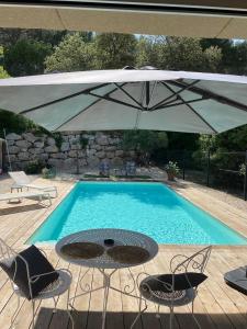 a swimming pool with a table and an umbrella at Studio de charme avec piscine in Fontaine-de-Vaucluse