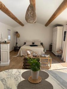 a bedroom with a bed and a potted plant at Studio de charme avec piscine in Fontaine-de-Vaucluse