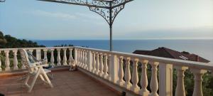 - un chat assis sur un balcon donnant sur l'océan dans l'établissement Attico Marecielo Meraviglioso appartamento con terrazza panoramica vista mare, à Longobardi