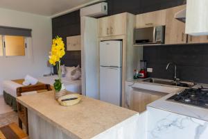 a kitchen with a counter with a vase of yellow flowers at Hotel Scarlette in Tulum