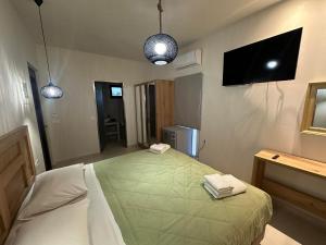 a bedroom with a bed and a flat screen tv at Sea Side Studios in Tsilivi