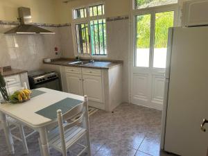 Una cocina con una mesa y un refrigerador blanco. en Elisabeth House, en Ponta do Sol