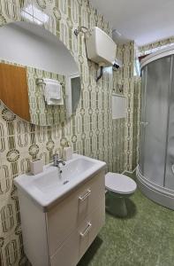 a bathroom with a sink and a toilet and a mirror at Vetus pontem in Vrboska +18 photos