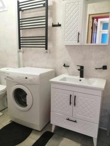 uma casa de banho com uma máquina de lavar roupa e um lavatório em Дом тсивадзе em Kobuleti