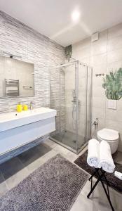a bathroom with a shower and a sink and a toilet at Garda View Apartment in Tenno