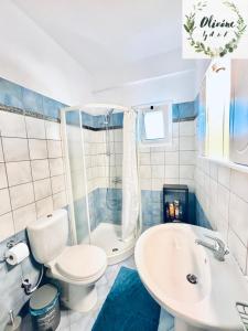 a bathroom with a toilet and a shower and a sink at Olivóne apt, by A & F in Igoumenitsa +16 photos
