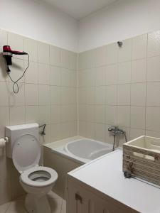 La salle de bains est pourvue de toilettes et d'une baignoire. dans l'établissement Apartman Bebic, à Klek