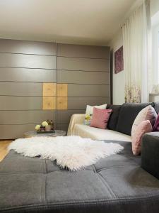 a living room with a couch and a white rug at Gemütliche Wohnung idyllische Lage Nähe Frankfurt in Alzenau
