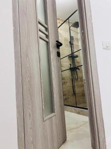 eine Holztür mit einem Fenster in einem Zimmer in der Unterkunft IMPERIUM DK STUDIO in Giurgiu
