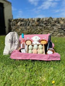 una manta de picnic con comida y bebidas en la hierba en Lagavulin 3 en Portpatrick