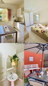a collage of four pictures of a kitchen and a bedroom at Casetta Oasi Campo ai Peri in Casa Marchetti
