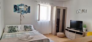 a small bedroom with a bed and a tv at Rooms & studio OLD TOWN PAG in Pag