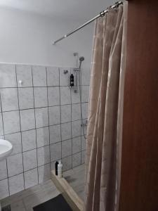 y baño con ducha y cortina de ducha. en Seventeen, en Arad
