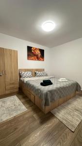 um quarto com uma cama grande num quarto em Apartament BD 54 em Roman