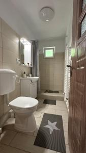 a bathroom with a toilet and a star on the floor at Alice Apartment in Roman +9 photos