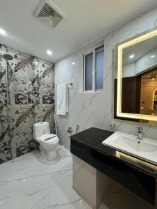 a bathroom with a toilet and a sink and a mirror at Emerald Villa 2 in Islamabad +15 photos