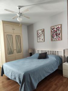 a bedroom with a blue bed and a ceiling fan at Dúplex en el centro de Córdoba in Córdoba