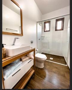 ein Badezimmer mit einem Waschbecken, einem WC und einem Spiegel in der Unterkunft Bella Pousada in Pomerode
