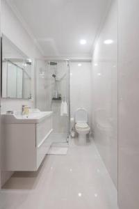 a white bathroom with a shower and a toilet at Terrace Beach Apartment in Buarcos +17 photos