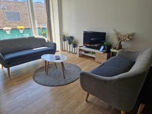 a living room with two couches and a tv at A charming apartment in the heart of Copenhagen in Copenhagen