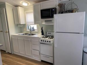 a kitchen with a white refrigerator and a sink at Tiny House at Piney point in Piney Point