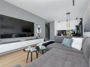 a living room with a gray couch and a large tv at Beautiful apartment overlooking the river, swimming pool, sauna, Dziwnów in Dziwnów