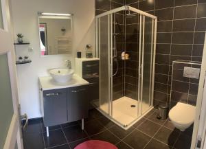 ein Badezimmer mit Dusche, Waschbecken und Toilette in der Unterkunft La Villa des Demoiselles - 2 chambres communicantes in Bourg-Achard