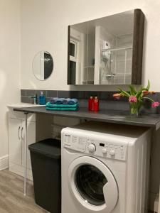 a washing machine in a bathroom with a mirror at Beautiful holiday home near Plymouth for 4 in Plymouth