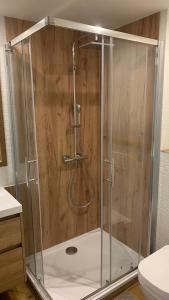 a shower with a glass enclosure in a bathroom at Anenska by Charles Bridge 3 in Prague +49 photos