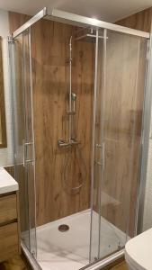 a shower with a glass enclosure in a bathroom at Anenska by Charles Bridge 3 in Prague