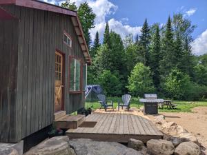 Meadowlark Cabin #5 في Maynooth: كابينة فيها فناء وطاولة وكراسي