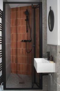 a bathroom with a shower with a white sink at Kittiwake apartment - Coastal, luxury, self-catering in Port Isaac