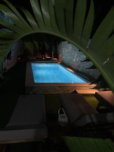 a swimming pool in a room with a plant at Del Sol Suites in Skiathos Town