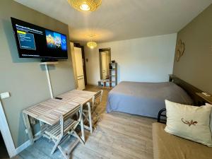a small room with a bed and a television on the wall at Coco and sun Hibiscus Le Manganao in Belle-Allée