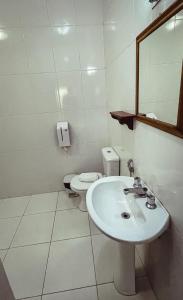 a white bathroom with a sink and a toilet at Hotel Pião Mineiro in Monte Verde