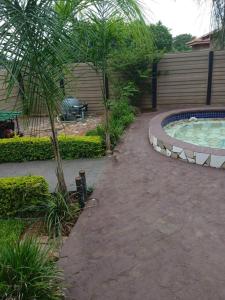 um quintal com uma piscina e uma palmeira em Happy Holiday Backpackers em Victoria Falls
