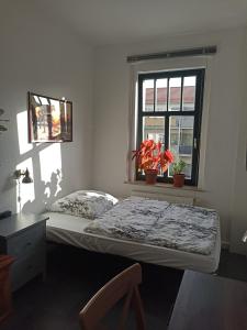 a bedroom with a bed and a desk and a window at Privates Gästezimmer in Altenburg in Altenburg