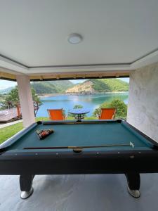 a pool table with a view of a lake at Zoranovi konaci in Jevtići