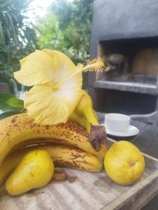 a banana with a flower on top of it next to pears at Visión ESCAPE Piriápolis in Piriápolis