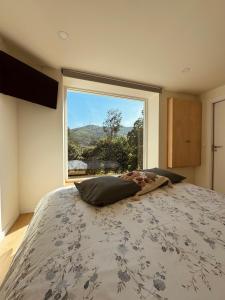 ein Schlafzimmer mit einem Bett und einem großen Fenster in der Unterkunft Streliciahouse in Braga