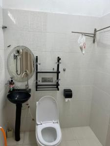 a bathroom with a toilet and a sink and a mirror at La wood homestay in Kuala Besut