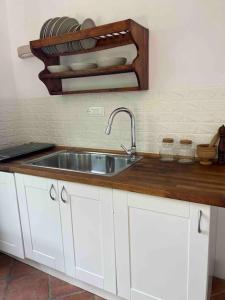 a kitchen with a sink and a wooden counter top at iL VICOLO NEL VERDE in Rio Marina